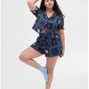 Hill House Paige Pajama Top Size Button Up Shirt Sleeve Navy Blue Floral Print